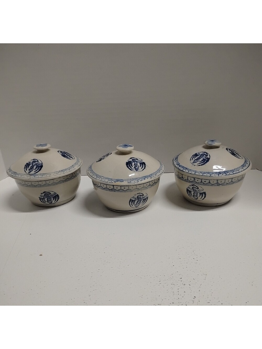 Vintage Blue & White Chinese Crane Rice Serving Dish Bowl with Lid (LOT OF 3)